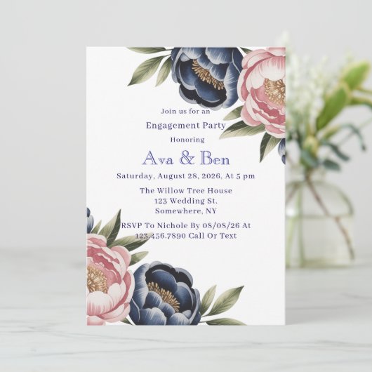 Invitation Blush et Navy Blue Peony (Debout devant)