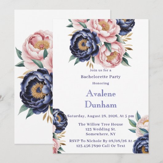 Invitation Blush et Navy Blue Peony Bachelorette Party (Devant / Derrière)
