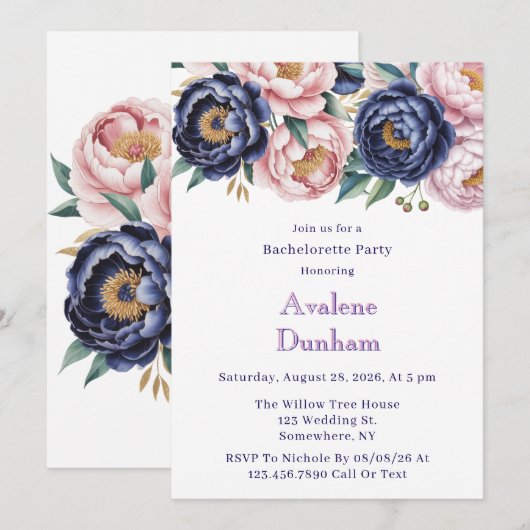 Invitation Blush et Navy Blue Peony Bachelorette Party (Devant / Derrière)