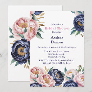 Invitation Blush et Navy Blue Peony Brunch et Bubbly