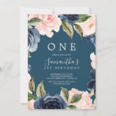 Invitation Blush et Navy Flowers Blue Wreath Premier annivers (Devant)