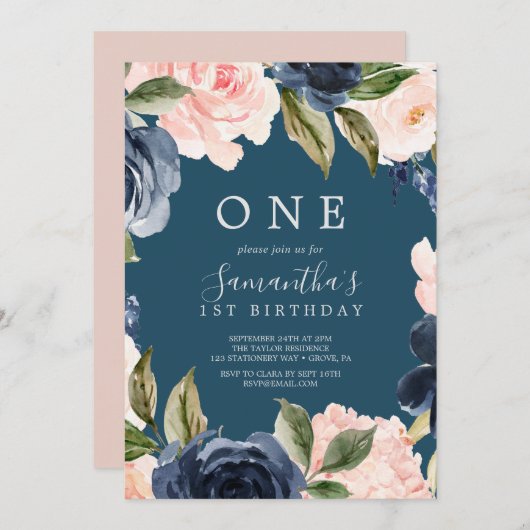 Invitation Blush et Navy Flowers Blue Wreath Premier annivers (Devant / Derrière)