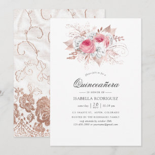 Invitation Blush et or rose floral et dentelle Quinceañera