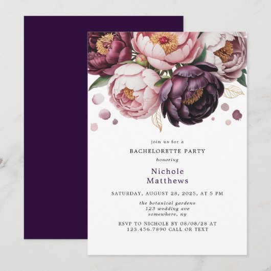 Invitation Blush et Plum Peony Floral Bachelorette Party (Devant / Derrière)