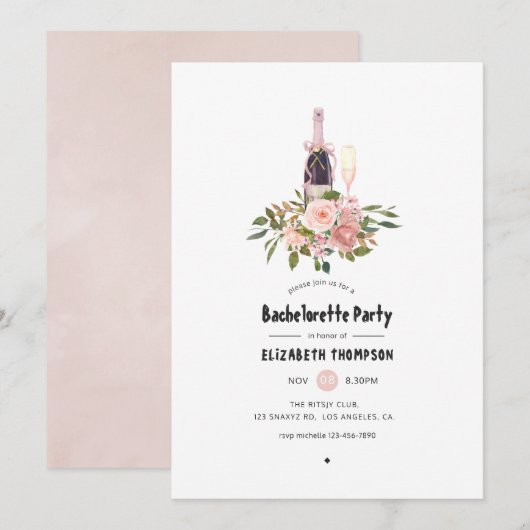 Invitation Blush et Rose Gold Floral Bachelorette Party (Devant / Derrière)