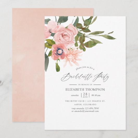 Invitation Blush et Rose Gold Floral Bachelorette Party (Devant / Derrière)