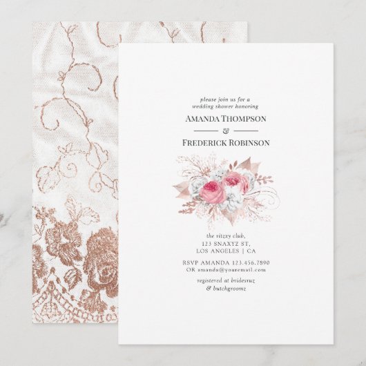 Invitation Blush et Rose or Floral et Wedding shower dentelle (Devant / Derrière)