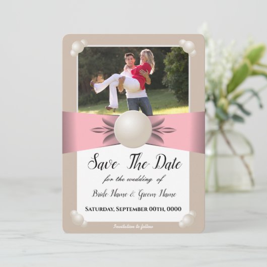 Invitation Blush Éteint & Ruban Perlé Tan Photo Enregistrer L (Debout devant)