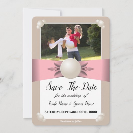 Invitation Blush Éteint & Ruban Perlé Tan Photo Enregistrer L (Devant)