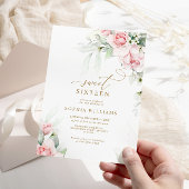 Invitation Blush & Eucalyptus Floral Sweet 16 Anniversaire