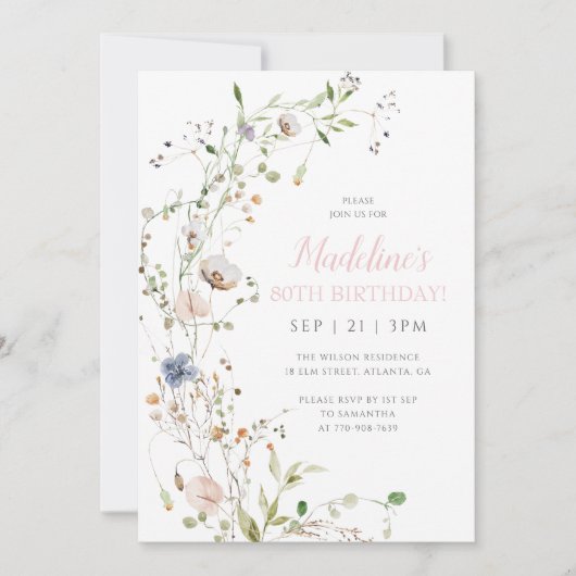 Invitation Blush Fleur sauvage 80e anniversaire (Devant)
