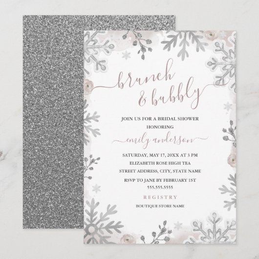 Invitation Blush Flocon de Neige Hiver Argent Brunch Et Bulle (Devant / Derrière)