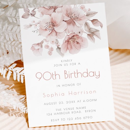 Invitation Blush Floral 90e anniversaire Ninetieth fête