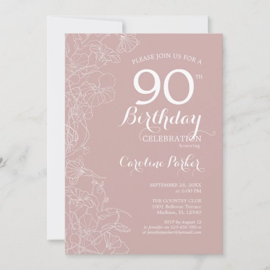 Invitation Blush Floral 90e fête d'anniversaire (Devant)