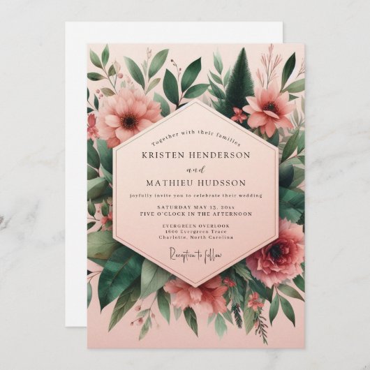 Invitation Blush Floral Assemblage Wedding (Devant / Derrière)