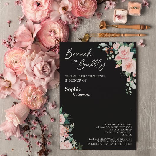 Invitation Blush Floral Black Bridal Brunch Et Bubbly