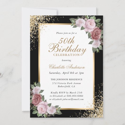 Invitation Blush Floral Black Gold Confetti 50e anniversaire (Devant)