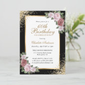 Invitation Blush Floral Black Gold Confetti 60e anniversaire (Debout devant)