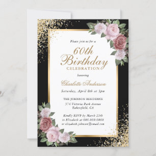 Invitation Blush Floral Black Gold Confetti 60e anniversaire