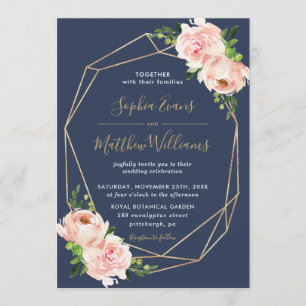 Invitation Blush Floral Botanical Gold Mariage géométrique de