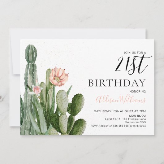Invitation Blush Floral Cactus Succulents 21e anniversaire (Devant)