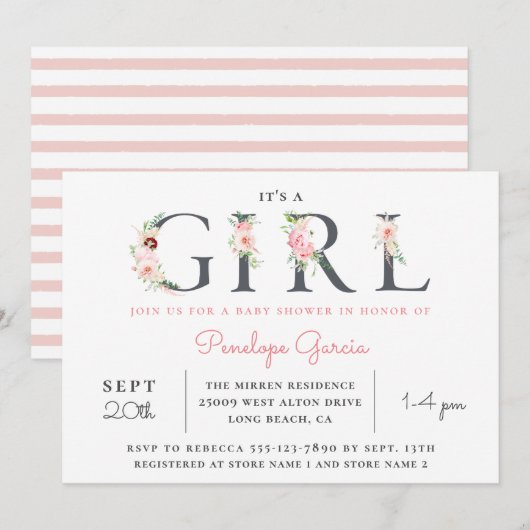 Invitation Blush Floral C'est un Baby shower FILLE (Devant / Derrière)