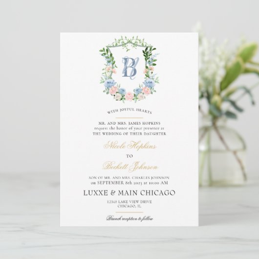 Invitation Blush Floral Crest Mariage (Debout devant)