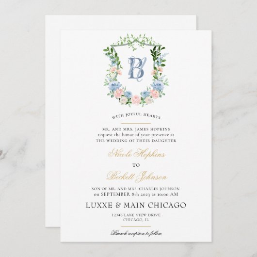Invitation Blush Floral Crest Mariage (Devant / Derrière)