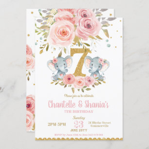 Invitation Blush Floral Cute Elephant Twin Girls 7e anniversa