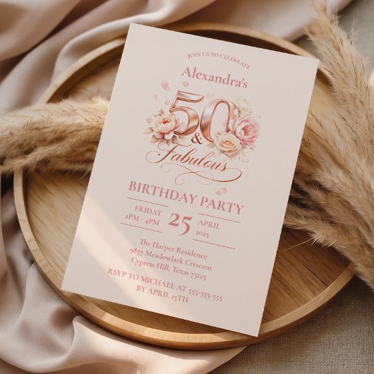 Invitation Blush Floral Elegant 50th Birthday Celebration