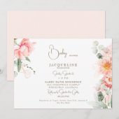 Invitation Blush Floral Elegant Baby Girl douche horizontale (Devant / Derrière)