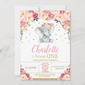 Invitation Blush Floral Elephant 1er Anniversaire Gold Partie (Devant)