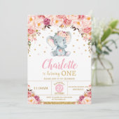 Invitation Blush Floral Elephant 1er Anniversaire Gold Partie (Debout devant)