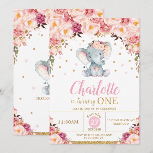 Invitation Blush Floral Elephant 1er Anniversaire Gold Partie (Devant / Derrière)