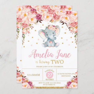 Invitation Blush Floral Elephant 2e Anniversaire Gold Parties