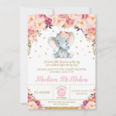 Invitation Blush Floral Elephant Baby shower fille (Devant)