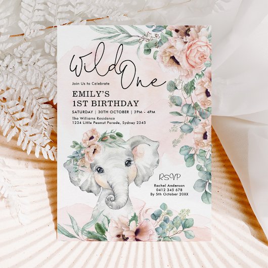 Invitation Blush Floral Elephant Wild Un 1er anniversaire fil