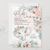 Invitation Blush Floral Elephant Wild Un 1er anniversaire fil (Devant)