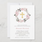 Invitation Blush Floral et Gold Cross | Première sainte commu (Devant)