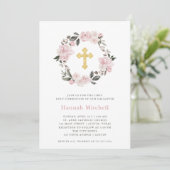 Invitation Blush Floral et Gold Cross | Première sainte commu (Debout devant)