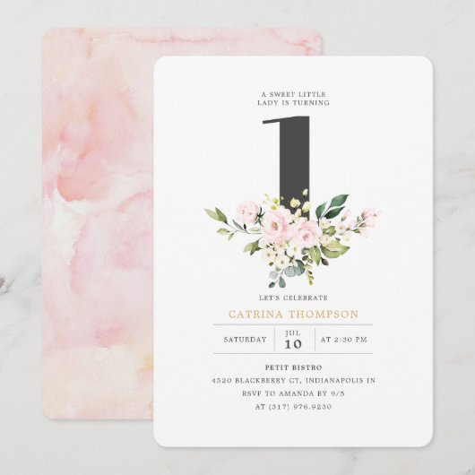 Invitation Blush Floral & Eucalyptus Fille 1er anniversaire (Devant / Derrière)