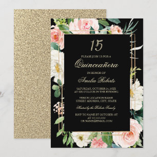 Invitation Blush Floral Fête des Quinze ans Paillettes Dorées