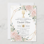 Invitation Blush Floral First Holy Communion Gold Chalice (Devant)