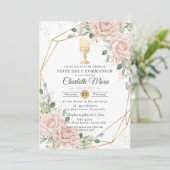 Invitation Blush Floral First Holy Communion Gold Chalice (Debout devant)