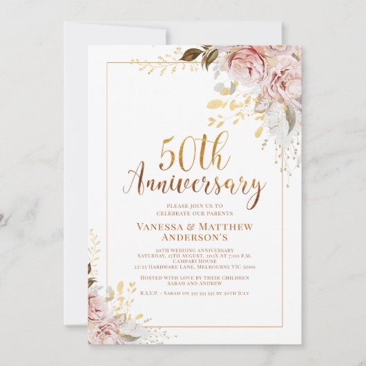 Invitation Blush Floral Gold Calligraphie 50e anniversaire (Devant)