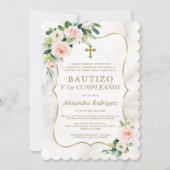 Invitation Blush Floral Gold Espagnol 1er anniversaire Baptêm (Devant)