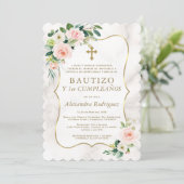 Invitation Blush Floral Gold Espagnol 1er anniversaire Baptêm (Debout devant)