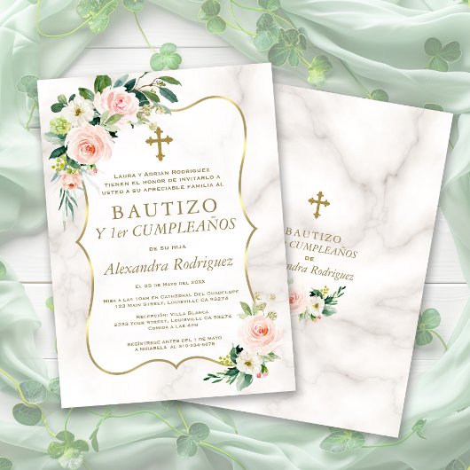 Invitation Blush Floral Gold Espagnol 1er anniversaire Baptêm