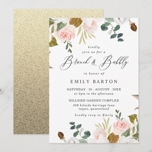 Invitation Blush Floral & Gold Fête des mariées Brunch & Bubb (Devant / Derrière)