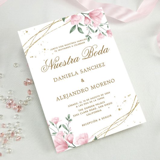 Invitation Blush Floral Gold Nuestra Boda Mariage espagnol